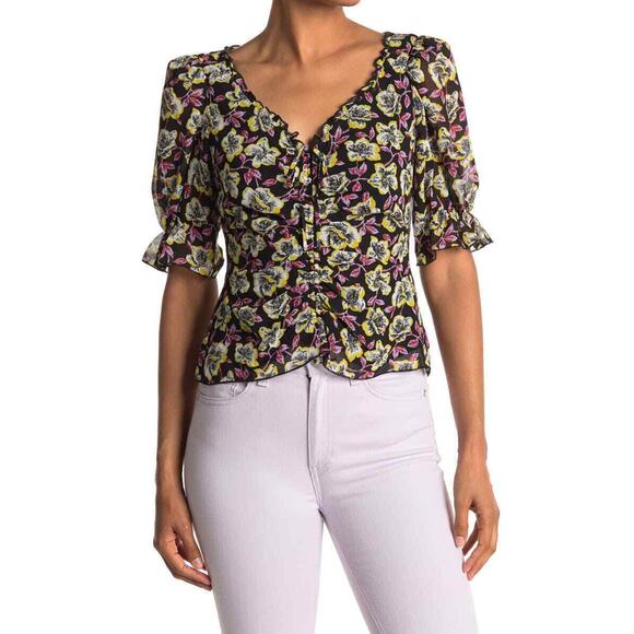 CINQ À SEPT NEW $295‎ Kimberly Ruched Floral Print Top Black Multi XS - Picture 1 of 7
